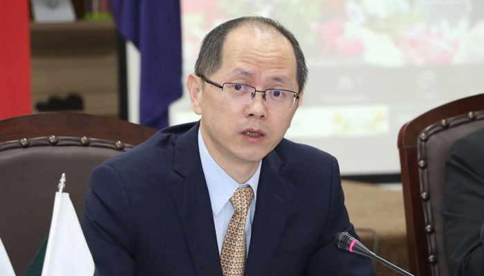 Shi Yuanqiang, Deputy Head of Mission of Chinese Embassy in Pakistan gestures while speaking at an event organised Institute of Strategic Studies (ISS) in collaboration with Xinhua News Agency on October 18, 2024. — Facebook/Institute of Strategic Studies Islamabad