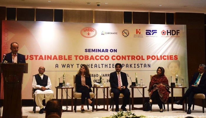 Minister for Petroleum Musadik Masood Malik  addresses at a seminar titled ‘Sustainable Tobacco Control Policies: A Way to Healthier Pakistan’ organized by the SPARC on October 19, 2024. — Facebook/SPARC