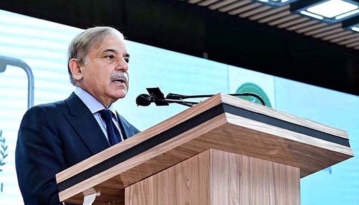 Prime Minister Shehbaz Sharif addresses at an event. — APP/File