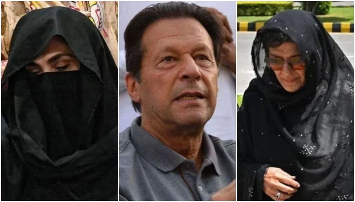 This collage of images shows, PTI founder Imran Khan (centre), his wife Bushra Bibi (left), and sister Aleema Khan (right). — AFP/File