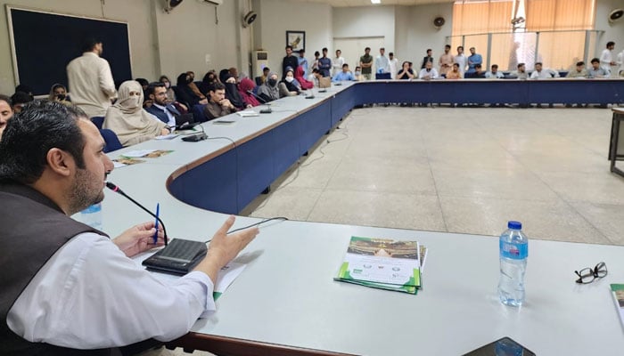 KP Assembly member Sher Ali Afridi speaks at a networking forum organised by the Shaoor Foundation for Education and Awareness (SFEA) on October 17, 2024. — Facebook@iywdisticpeshawar