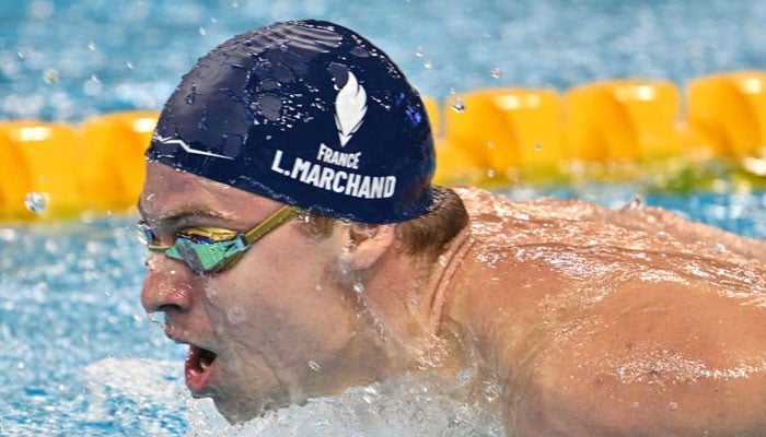 Frances Leon Marchand competes in the mens 400m individual medley final event during the World Aquatics Swimming World Cup at the Oriental Sports Centre Natatorium in Shanghai on Sunday.— AFP/file