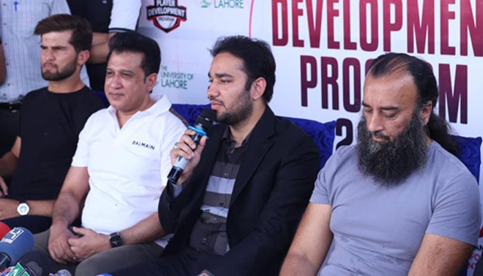 Punjab Minister for Sports, Labour and Human Resources Faisal Ayub Khokhar (2nd right) addresses a media briefing as a chief guest at a talent hunt programme organised for Lahore Qalandars at a private university on October 20, 2024. — Facebook@Faisal Ayub Khokhar