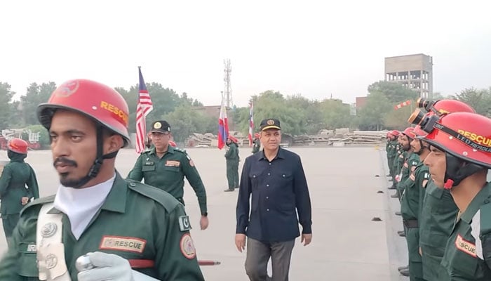 Secretary Emergency Services Dr Rizwan Naseer (centre) reviews the final arrangements of the International Rescue Challenge (IRC) and Asia Pacific Earthquake Response Exercise (APERE-2024) in Emergency Services Academy on October 20, 2024. — Facebook@Punjab Emergency Service Department