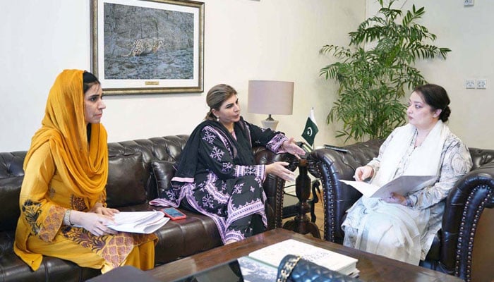 Senator Samina Mumtaz Zehri (centre) in a meeting with PM Coordinator on Climate Change, Romina Khurshid Alam (right) to discuss future action plans to promote the climate justice agenda on October 20, 2024. — APP