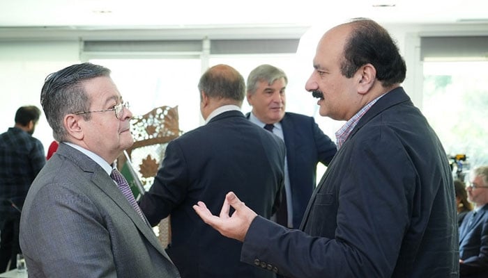 French Ambassador Nicolas Galey (left) and chairman of the Prime Ministers Youth Programme Rana Mashood Ahmad Khan (right) interact at the third edition of the French government’s educational initiative for foreign students organised by the French Embassy on October 20, 2024. — Facebook@PM’s Youth Programme