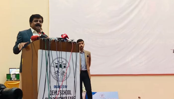 Sindh’s education minister Syed Sardar Ali Shah addresses the prize distribution ceremony organised by the Delhi School Old Boys Association (DSOBA) on October 20, 2024. — Screengrab via Faceboob@sardarshah.offical