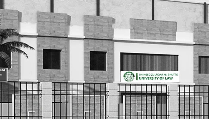 Shaheed Zulfiqar Ali Bhutto University of Law name on building seen in this image. — Facebook/@szabulofficial/file