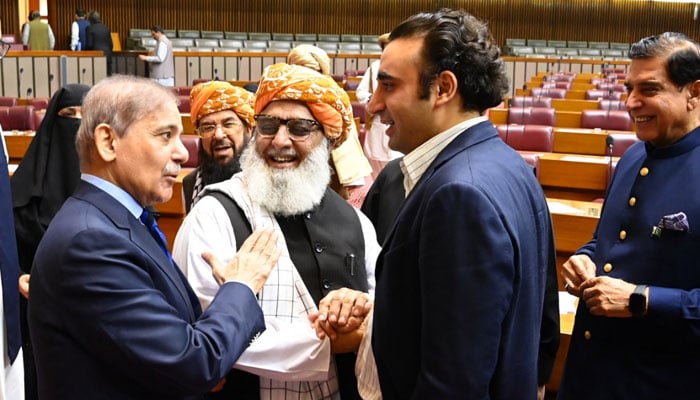 PM Shehbaz Sharif (left) interacts with JUI-F chief Maulana Fazlur Rehman (centre) and PPP Chairman Bilawal Bhutto-Zardari in the National Assembly on October 21, 2024. — Facebook@NationalAssemblyOfPakistan