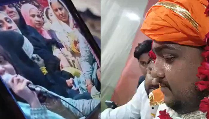 Mohammad Abbas Haider (right), son of BJP corporator Tahseen Shahid, marries Andleep Zahra, a resident of Lahore via video conferencing. —Screengrab from X @govindprataps12