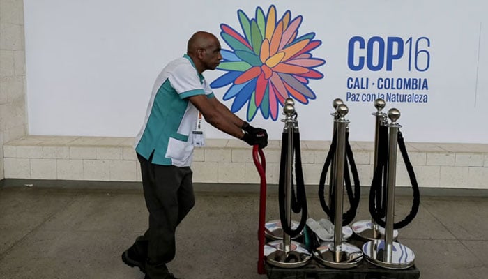 A worker at the venue where the COP16 conference will be held at the Pacific Event Centre in Yumbo, near Cali, Valle del Cauca department, Colombia. — AFP