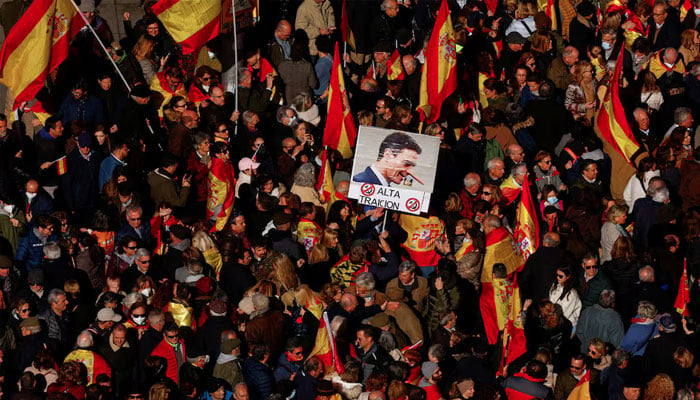 People protest against the government of Spanish Prime Minister Pedro Sanchez at Cibeles Square in Madrid, Spain, January 21, 2023. — Reuters