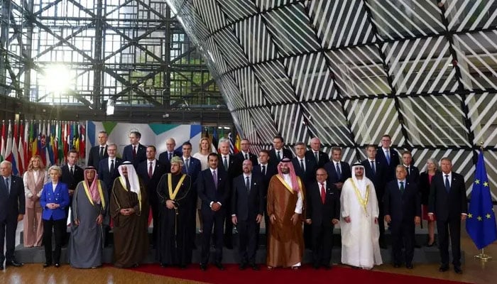 European Union and Gulf Cooperation Council leaders and officials pose for a family photo during the joint EU and GCC summit, in Brussels, Belgium October 16, 2024. — Reuters