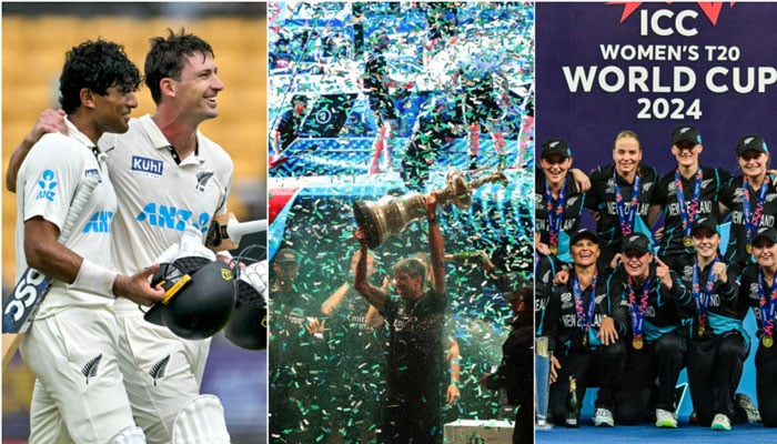 New Zealand Test team players Rachin Ravindra and Will Young (left), New Zealand sailing team celebrating their win(centre) and New Zealand women cricket team posing for picture after winning Womens t20 World Cup 2024.— AFP/Reuters