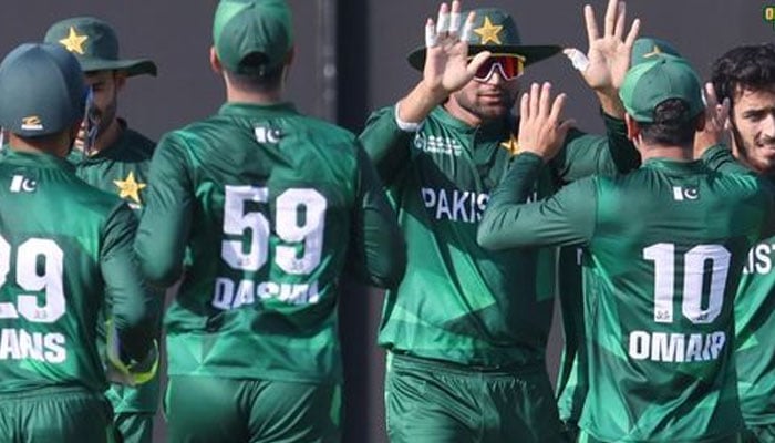 Pakistan Shaheens celebrating after taking a wicket.—Facebook@PakistanCricketBoard/file