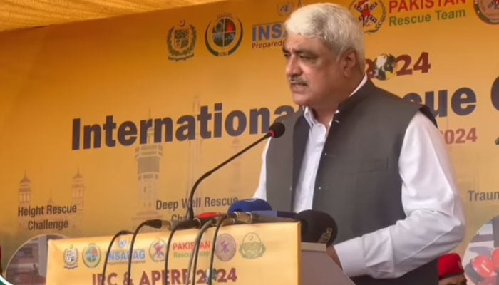 Provincial Minister for Health and Emergency Services Khawaja Salman Rafique addresses the two-day International Rescue Challenge (IRC) at the Emergency Services Academy (Rescue 1122) Thokar Niaz Baig on October 21, 2024. — Screengrab via Facebook@SalmanRafiquePK