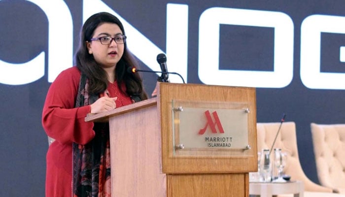 Minister of State for IT and Telecommunication, Shaza Fatima Khawaja addresses during the SANOG-42 Conference in Islamabad on October 21, 2024. — PPI