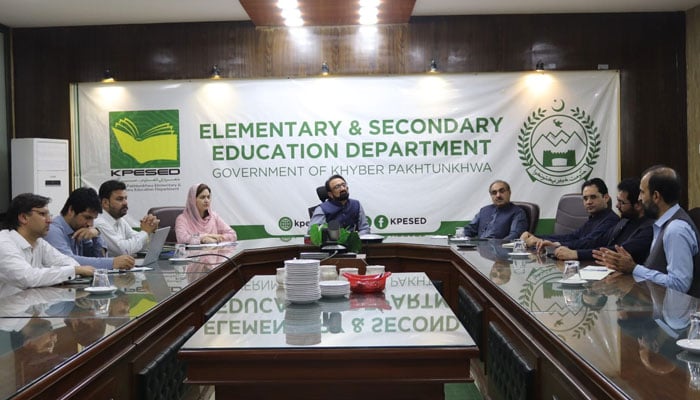 A delegation of the Balochistan Education Department in a meeting with the Elementary and Secondary (E & S) Department during their visit to the provincial metropolis on October 21, 2024. — Facebook@KPESEDGovt