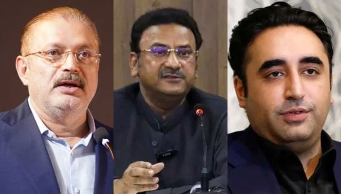 This collage of images shows, Sindh Senior Minister Sharjeel Inam Memon (left), Sindh Home Minister Ziaul Hassan Lanjar (centre) and Pakistan Peoples Party Chairman Bilawal Bhutto Zardari (right). — Facebook@SharjeelInamMemon63/@surendar.valasai/Reuters/File