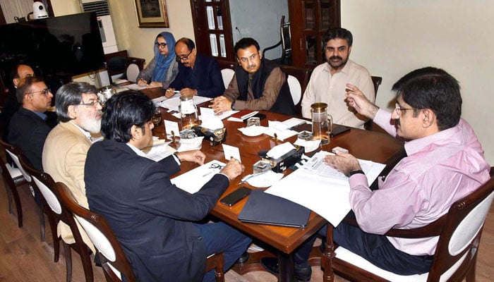 Sindh Chief Minister Syed Murad Ali Shah presides over a meeting to review the development portfolio of the city at CM house on October 21, 2024. — APP