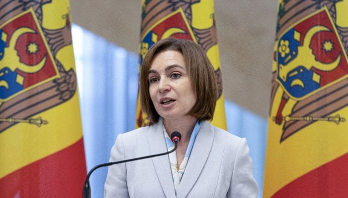 President of Moldova, Maia Sandu delivers a speech during a press conference following bilateral meeting with President of The European Commission at the Moldovan Presidency headquarters in Chisinau, on October 10, 2024. — AFP