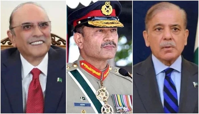 President Asif Ali Zardari (left), COAS General Asim Munir (centre) and Prime Minister Shehbaz Sharif (right).— APP/ISPR/Facebook@Mian Shehbaz Sharif/File