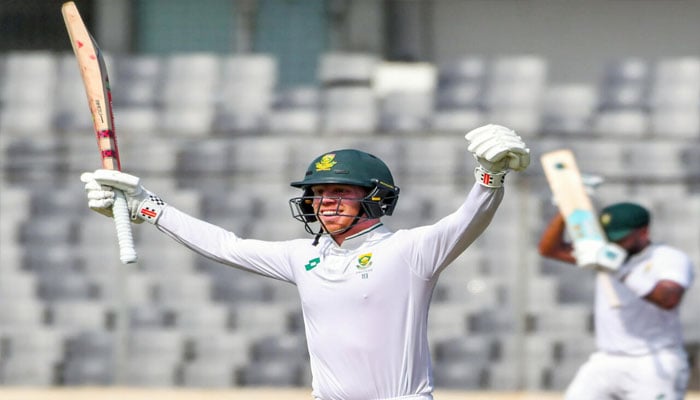 South Africas Kyle Verreynne celebrates his hundred in Mirpur. — AFP/file