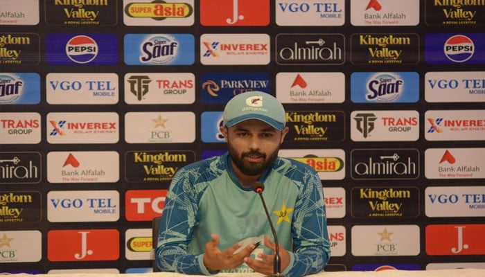 Picture of Pakistani cricketer Saud Shakeel talking to media on Tuesday October 22, 2024.—Facebook@PakistanCricketBoard