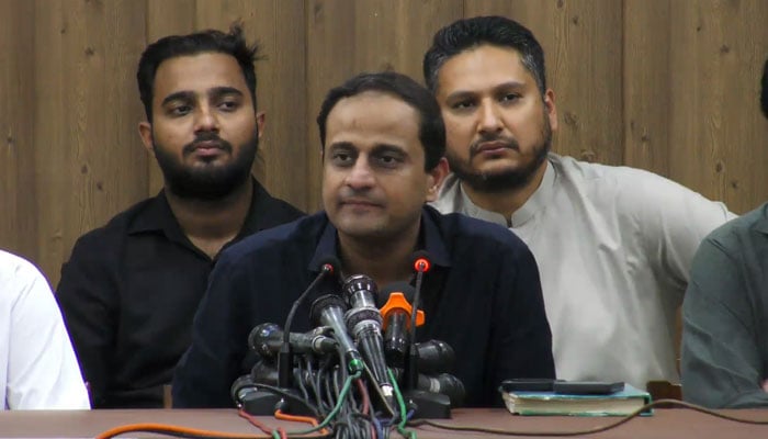 Karachi Mayor Barrister Murtaza Wahab speaks during a press conference at the Bilawal House Media Cell on October 22, 2024. — Screengrab via Facebook@Bilawalhouse