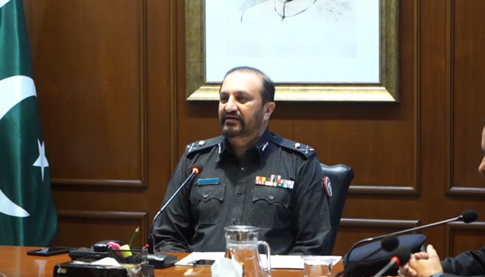 Karachi police chief Javed Alam Odho chairs a meeting about security arrangements for the TEXPO and IDEAS exhibitions on October 22, 2024. — Screengrab via Facebook@KarachiPoliceOfficial