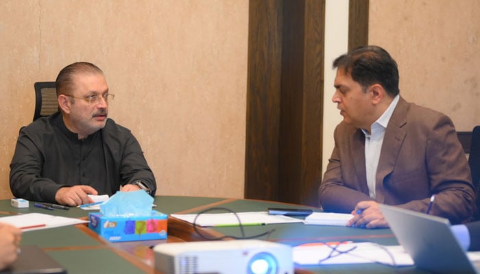 Sindh Senior Minister Sharjeel Inam Memon (left) chairs a meeting on October 22, 2024. — Facebook@SharjeelInamMemon63