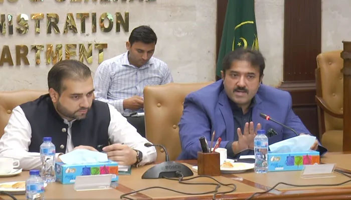 Local Government Minister Zeeshan Rafiq(right) along with Minister for Agriculture and Livestock Syed Ashiq Hussain Kirmani address a meeting on Oct 2, 2024. — Screengrab via Facebook@zeeshan.rafique1