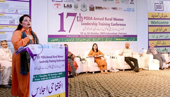 Prime Minister’s Coordinator for Climate Change and Environmental Coordination, Romina Khurshid Alam addresses as chief guest at the 17th Annual Rural Women Leadership Training Conference at Lok Virsa in Islamabad on October 22, 2024. — APP