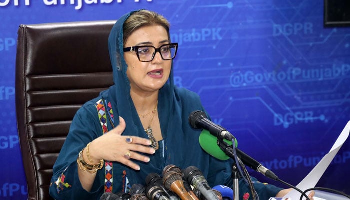 Punjab Information Minister Azma Bokhari  addresses media persons during a Press Conference in Lahore on October 22, 2024. — PPI