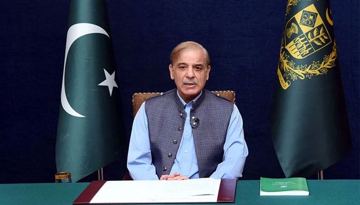 Prime Minister Shehbaz Sharif addressing the nation in this undated image. — APP/File