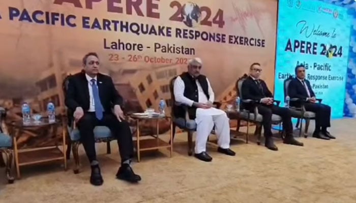 In this still Minister Khawaja Salman Rafique attends the United Nations INSARAG Asia-Pacific Earthquake Response Exercise-2024 (APERE) on October 23, 2024. — Screengrab via Facebook@SalmanRafiquePK