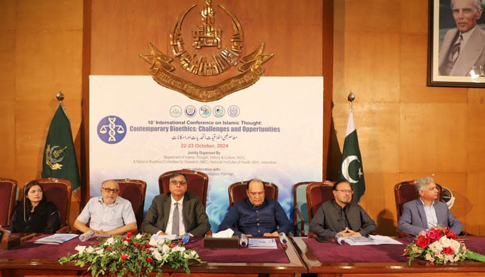 Officials of AIOU and different universities can be seen in this picture on 10th international conference on ‘Contemporary Bioethics: Challenges and Opportunities’ at Allama Iqbal Open University Islamabad on October 23, 2024.— Facebook/AIOU.OfficialAccount