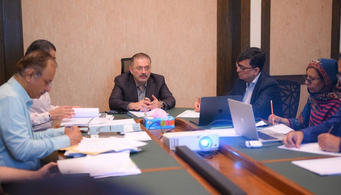 Sindh Senior Minister for Information, Excise, Taxation and Transport Sharjeel Inam Memon chairs the excise and taxation department meeting in Karachi on October 23, 2024. — Facebook@SharjeelInamMemon63