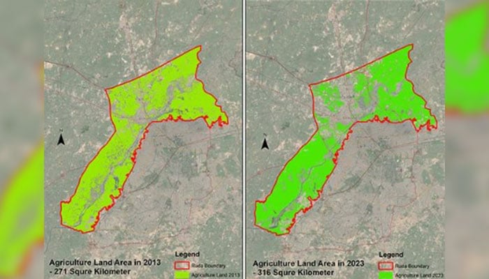 A satellite image of the land where RUDA plans to build the new city. A comparison of agricultural land from 2013 (left) to the extent of development by RUDA in 2023 (right)