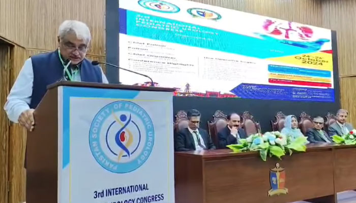 As a special guest, Provincial Health Minister Khawaja Salman Rafique addresses the opening session of the three-day third International Pediatric Urology Congress at the University of Child Health Sciences on October 24, 2024. — Screengrab via Facebook@SalmanRafiquePK