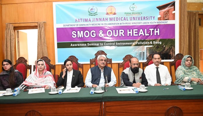 Provincial Health Minister Khawaja Salman Rafique (centre) attends as a special guest in the awareness seminar on ‘Smog and our health’ organised at Fatima Jinnah Medical University on October 24, 2024. — Facebook@fjmuofficial