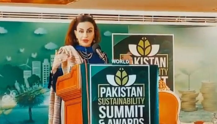 Senator Sherry Rehman, Chairperson Senate Standing Committee on Climate Change and Environmental Coordination addresses the Pakistan Sustainability Summit at a local hotel on October 24, 2024. — X@@PPP_Org