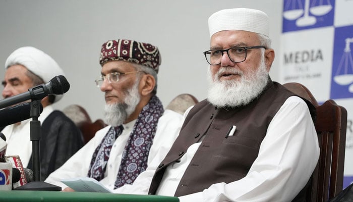 Jamaat-e-Islami naib ameer Liaqat Baloch addresses a press conference on October 24, 2024. — Facebook@JIPOfficial1