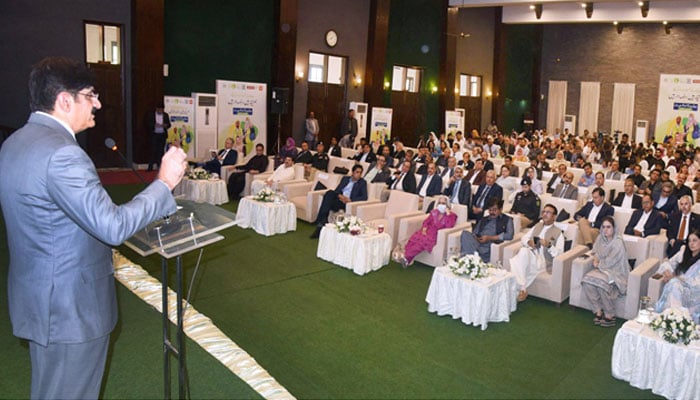 Sindh Chief Minister Syed Murad Ali Shan addresses the audience at the World Polio Day program at CM House on October 24, 2024. — APP