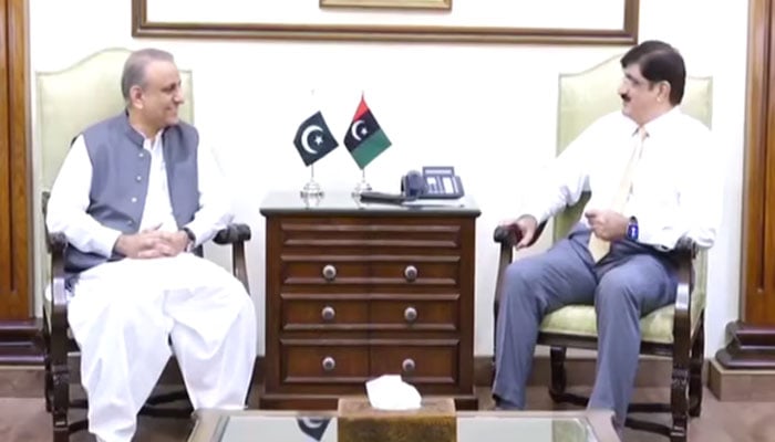 Sindh Chief Minister Syed Murad Ali Shah (right) in a meeting with Federal Minister of Communication Aleem Khan at the CM House on October 24, 2024. — Screengrab via Facebook@SindhCMHouse