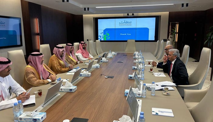 Pakistan’s Minister for Industries and Production, Rana Tanveer Hussain (right) in a meeting with Saudi Arabia’s governor for small and medium enterprises (SME) on October 24, 2024. — X/@Pak_MoIP