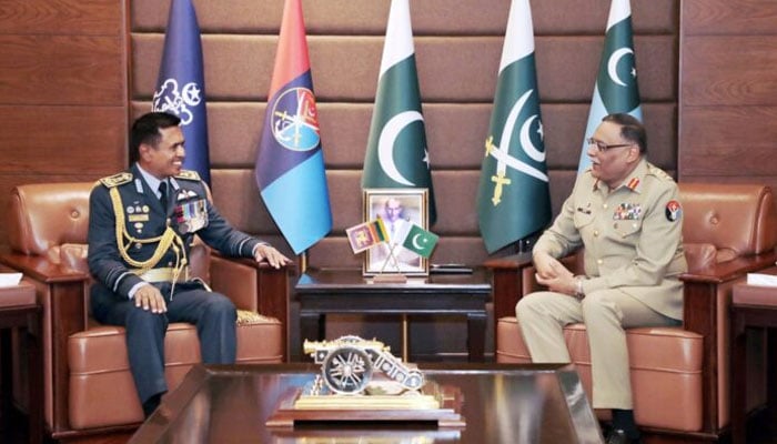 Air Marshal RAUP Rajapaksa, Commander Sri Lanka Air Force (left) meeting with General Sahir Shamshad Mirza, Chairman Joint Chiefs of Staff Committee (CJCSC), at the Joint Staff Headquarters, Rawalpindi on October 24, 2024.— State media