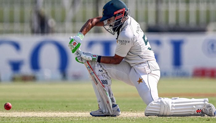 Pakistan´s Saud Shakeel plays a shot during the second day of the third and final Test cricket match between Pakistan and England at the Rawalpindi Cricket Stadium in Rawalpindi on October 25, 2024. —AFP