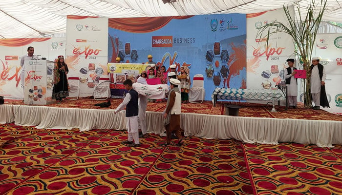 Children present a skit during the two-day Charsadda Business Expo being held on Oct 25 and 26, 2024. — Facebook@DCCharsaddaofficial