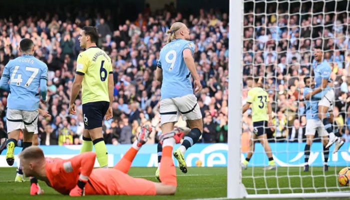 Manchester Citys Erling Haaland runs to celebrate after scoring the opening goal  against Southampton in the Premier League match on Oct 26, 2024. — AFP